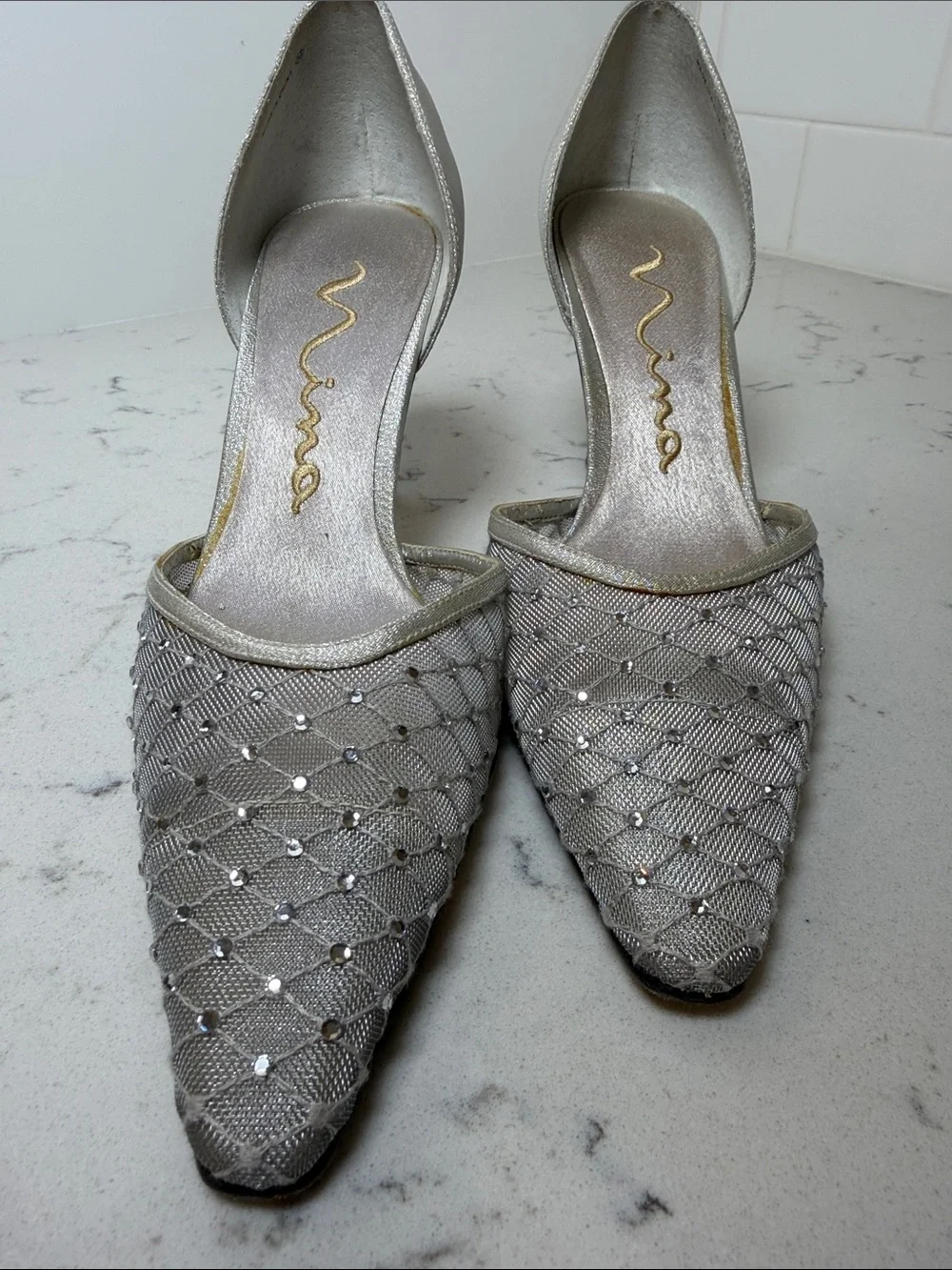 Nina Silver Rhinestone Quilted Pointed-Toe D'Orsay Heels Size 6